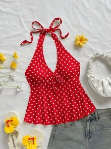 Top de mujer casual de vacaciones con escote en V, lazo y espalda descubierta, apropiado para vacaciones de verano - Amarillo claro - Ver 1