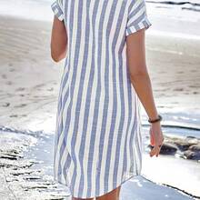 dahkjdgajy  Vestido camisero de verano para mujer, de manga corta, cuello en V y rayas, hasta la rodilla, vestidos de verano para mujer, vacaciones - Multicolor - Ver 4