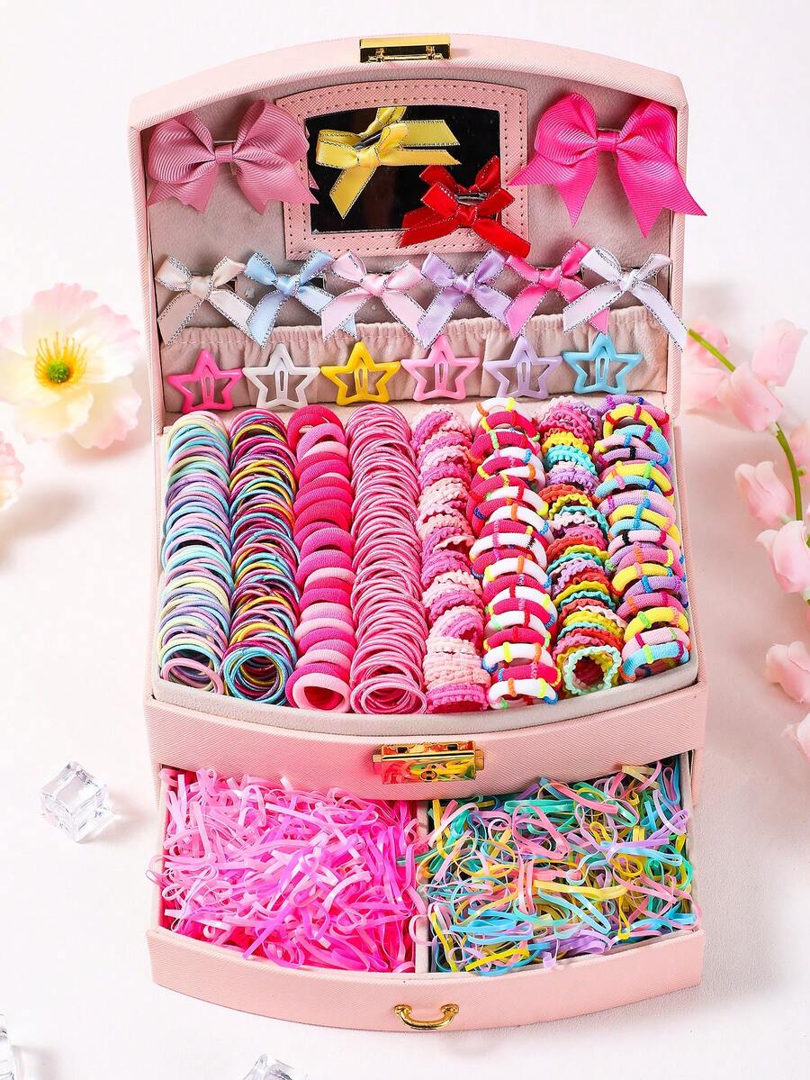 857 piezas Juego de accesorios para el cabello de niñas con lazos coloridos, pinzas para el cabello, ligas para el cabello de princesa, bandas para el cabello con flores, cuerdas para el cabello de alta elasticidad, duraderas y sin daños, pinzas para el cabello con mariposas y diamantes de imitación, adecuadas para uso diario - Multicolor - Ver 1