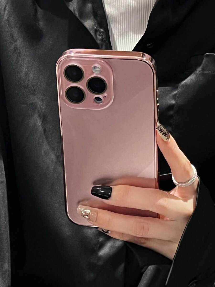 奢華電鍍亮面手機殼,適用於 iPhone 17 Pro Max 16 15 14 13 12 11 Pro Max,極簡純色玻璃鏡頭保護防震硬殼 - 粉色 - 查看 1