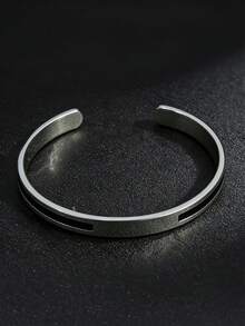 Minimal Prayer Hand Cuff Bangle For Men,Stainless Steel,Black Inlay & Engraved Pattern Open Bracelet,For Daily Wear,Birthday Gifts - Silver - View 3