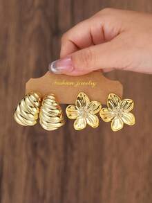 4pcs-16pcs Exquisite And Compact Women's Golden-Plated Earring Set, Simple Design,Versatile For Daily Use - Gold - View 5