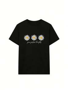 Camiseta de punto de manga corta con estampado de margaritas, cuello redondo, corte regular y hombros caídos para mujer. - Negro 1 - Ver 4