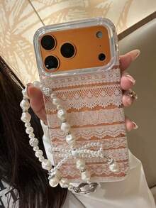 時尚美學白色蕾絲珍珠蝴蝶結掛繩透明手機殼 適用於 iPhone 17 16 Pro Max 12 13 14 15 Pro Max 14 15 16 Plus 17 11 Y2K 奢華亮片閃耀防震軟殼 女孩禮物 - 無色 - 查看 2