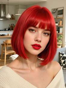 12 Inch Red Bob Wig With Bangs, Short Straight Heat-Resistant Synthetic Fiber Wig, Suitable For Party, Halloween And Daily Wear - Red - View 1