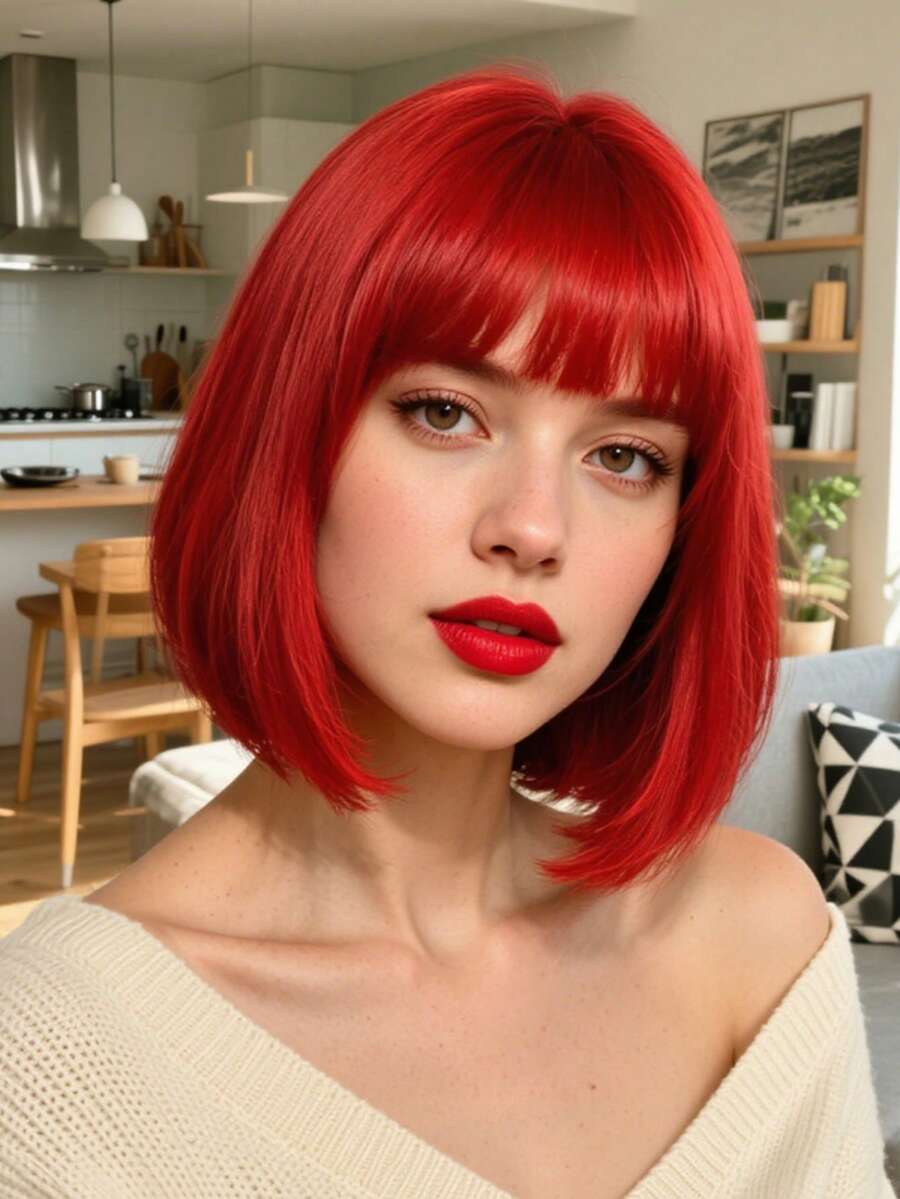 12 Inch Red Bob Wig With Bangs, Short Straight Heat-Resistant Synthetic Fiber Wig, Suitable For Party, Halloween And Daily Wear - Red - View 1