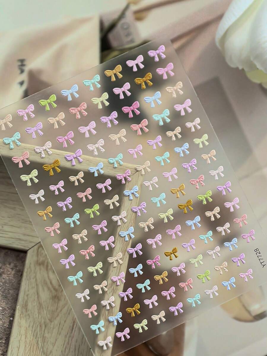 1片 5D 浮雕精緻百搭迷你蝴蝶結美甲貼紙，日系可愛自黏蝴蝶結美甲貼花 - 彩色 - 查看 1