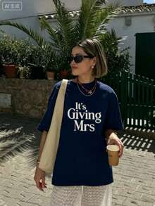 Bachelorette T Shirts Women,Its Giving Mrs Bride To Be Engagement Top,Summer Print Round Neck Short Sleeve,Graphic Tees,Cute,Party Outfit - 藏青色 - 查看 6