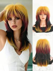 NAMM 彩色橘色 & 紅色 & 黑色足球運動假髮，中長直髮分層漸層附瀏海，自然時尚耐熱纖維假髮，適合足球與橄欖球派對，18英吋 - 漸層 - 查看 3