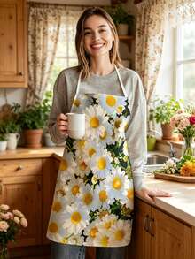 1pc, Pink Rose And Yellow Daisy Pattern Polyester Apron, Suitable For Cooking, Baking, And Gardening - Can Be Used As Attire For The Kitchen And Dining. - Multicolor - View 8