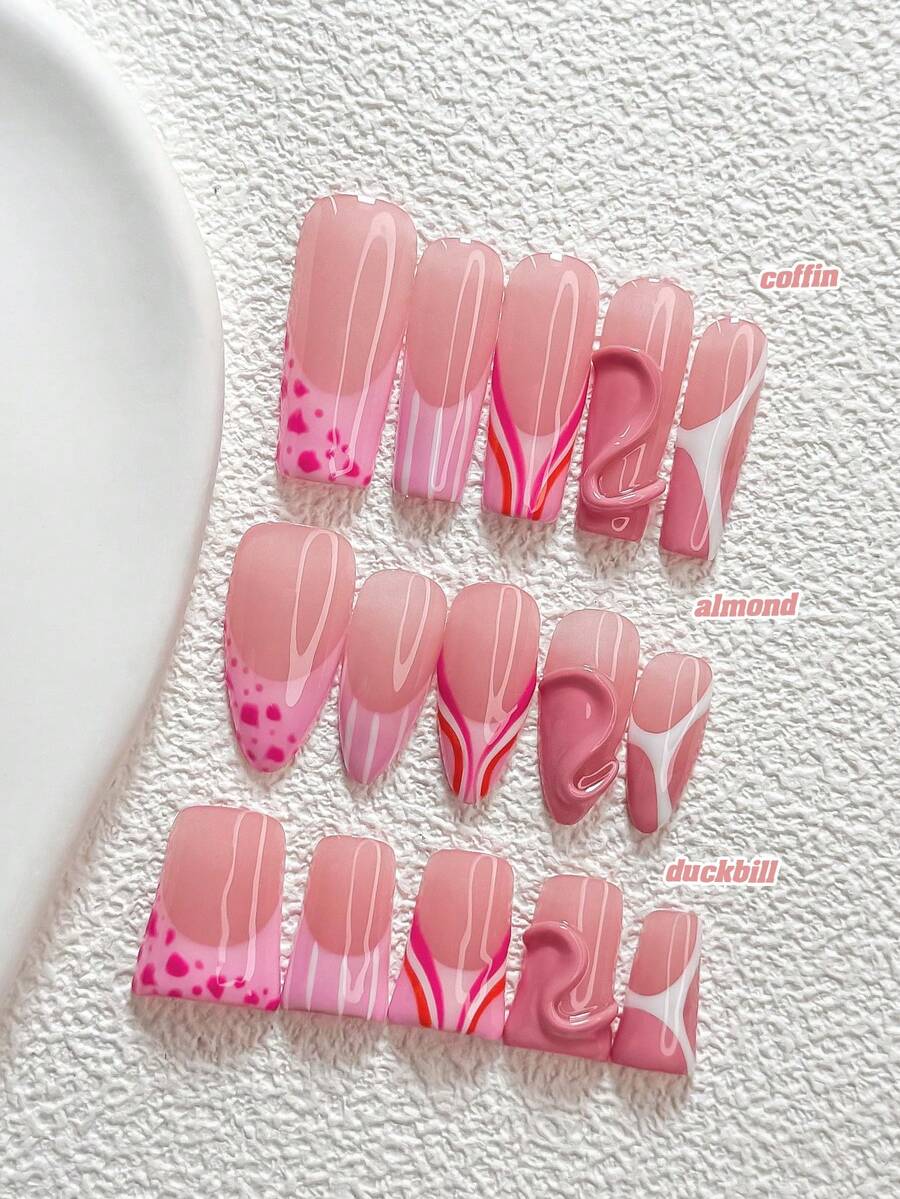 10Pcs Gentle Style Handmade Press On Nail,Polygel Nail Set,Polka Dot And Stripe,Pink,White And Orange Nail Polish,Sweet Style,Includes Nail Tools,3 Sizes Available,Almond,Duck,Coffin Nails For Party,Dance,Daily Wear. - Multicolor - View 1