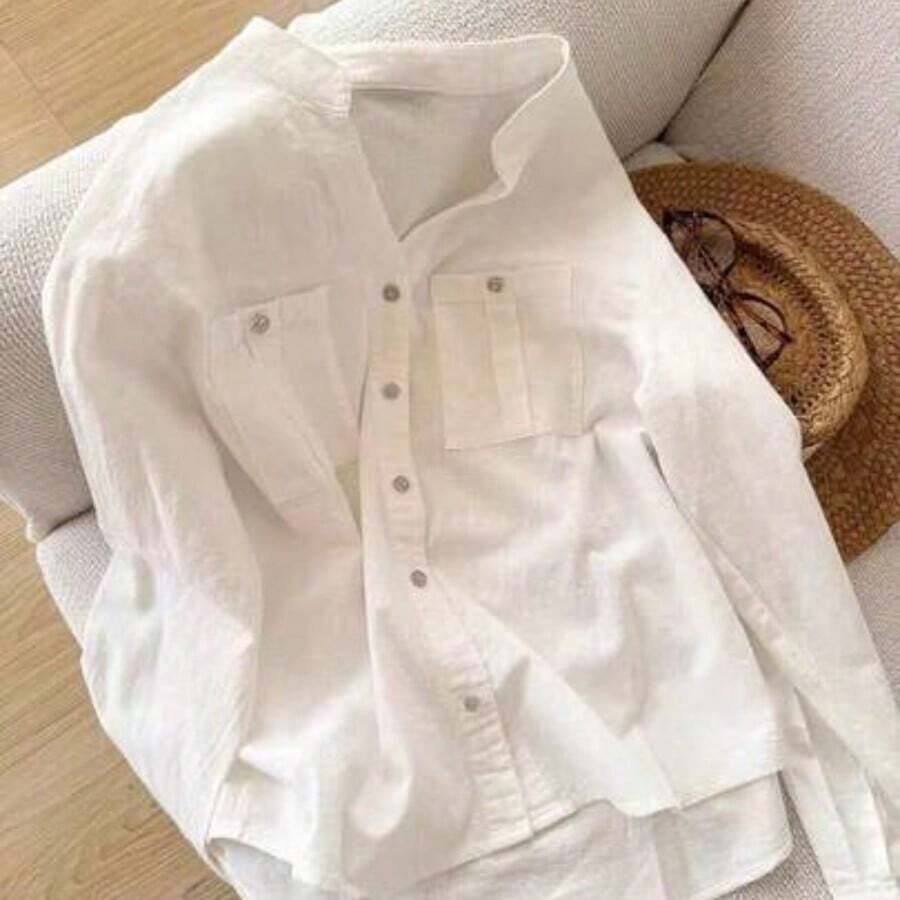 Camisa de manga larga de un solo pecho de unicolor y bolsillo minimalista para mujer, uso de oficina en color blanco - Blanco - Ver 1