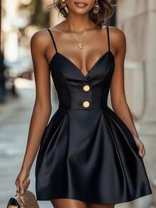 sfvsRafferiza Camiseta de satén elegante y falda corta tipo paraguas para mujer, adecuada para fiestas, galas y ocasiones sociales diariasvfdw 0VEQ - Negro - Ver 1