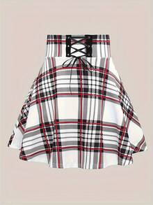 New High Waisted Skirt With Drawstring And Check Print, Versatile And Fluffy A-Line - Black - View 7