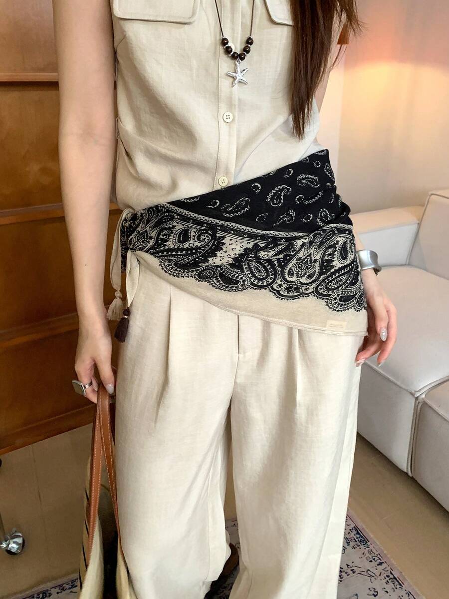 1件女款黑色聚酯纖維復古花卉小眾腰部裙 - 黑色 - 查看 1