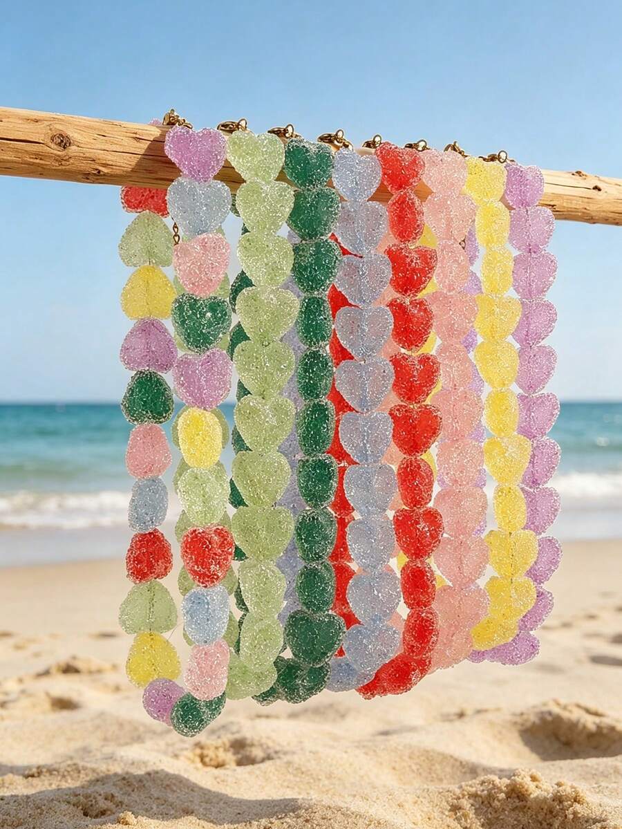 1 Peça Colar Pingente com Contas em Formato de Coração de Cor Doce e Fofa, Banhado a Ouro 18K, Adequado para Festa e Uso Diário, Presente para Esposa, Mãe, Namorada, Joias Femininas - Multicolorido - Visão 1