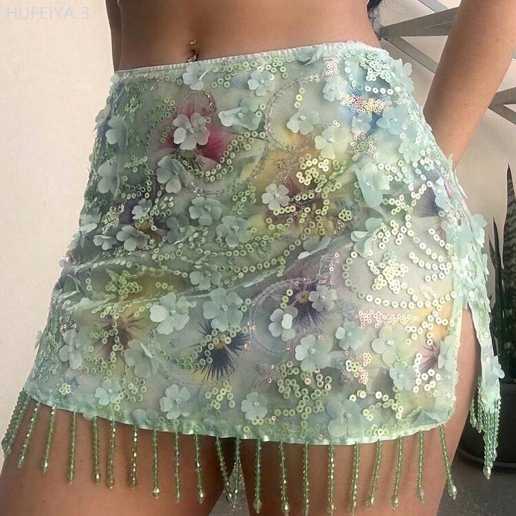 Yunuo Menswear  Falda de playa elegante con flecos y lentejuelas para mujeres - verde menta - Añade 4