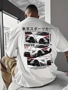 Minimalist. 100% Cotton. Men's T-Shirt With A  Japanese-Style Car Print, Crew Neck, Casual Short Sleeves, A Must-Have For Men On The Beach. Spring/Summer Top. - White - View 1