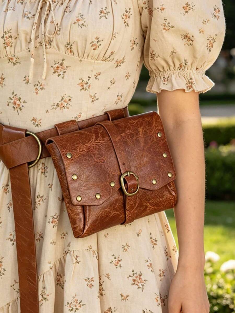 1 PC Vintage Viking PU Leather Waist Pack For Women - Medieval Steampunk Belt Bag With Metal Rivets & Buckle, Small Hip Pouch For Phone - ZSJ - View 1