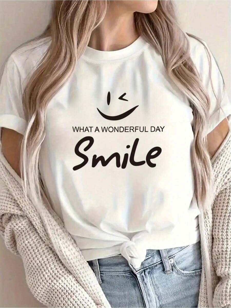 Women's Casual T-Shirt With Smile And Sun Print, Short Sleeve, Round Neck, Summer Casual Top With Face And Sun Motif, Machine Washable, Opaque White T-Shirt For Beach Vacation, Sports, Casual Outfit, Spring-Autumn Blouse, Fashion. - 白色 - 查看 1