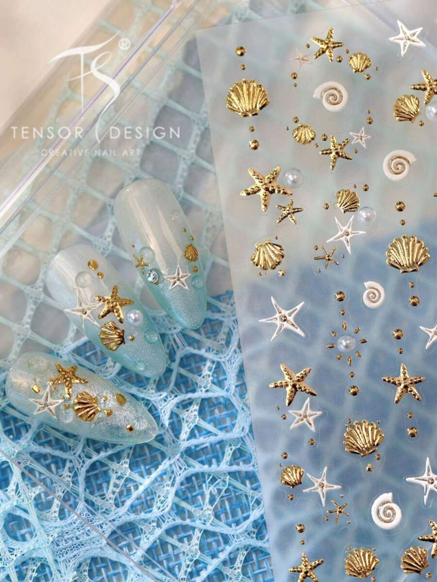 5D 浮雕海洋美甲貼紙，金色貝殼與海星自黏式美甲貼花，夏季海灘風 DIY 美甲裝飾，適用於居家美甲沙龍美甲與穿戴甲配件，1 張