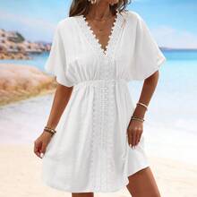 Faux Silk Beach Dress With Lace And Ruffles; Top To Pair With A Bikini - Beige - View 8