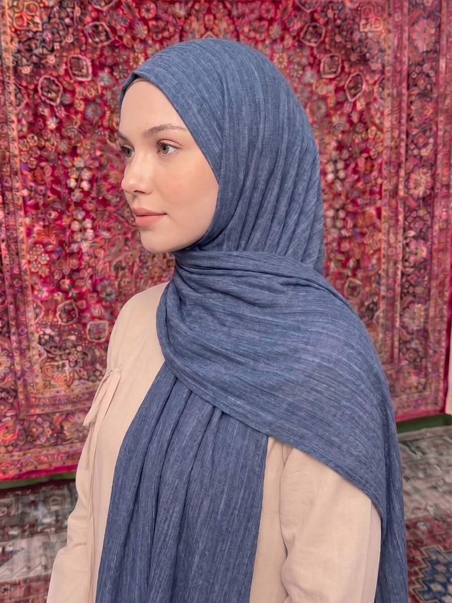 1pc Lightweight Solid Color Casual Riffled Hijab, Soft Breathable Scarf For Daily Wear - Dusty Blue - View 1