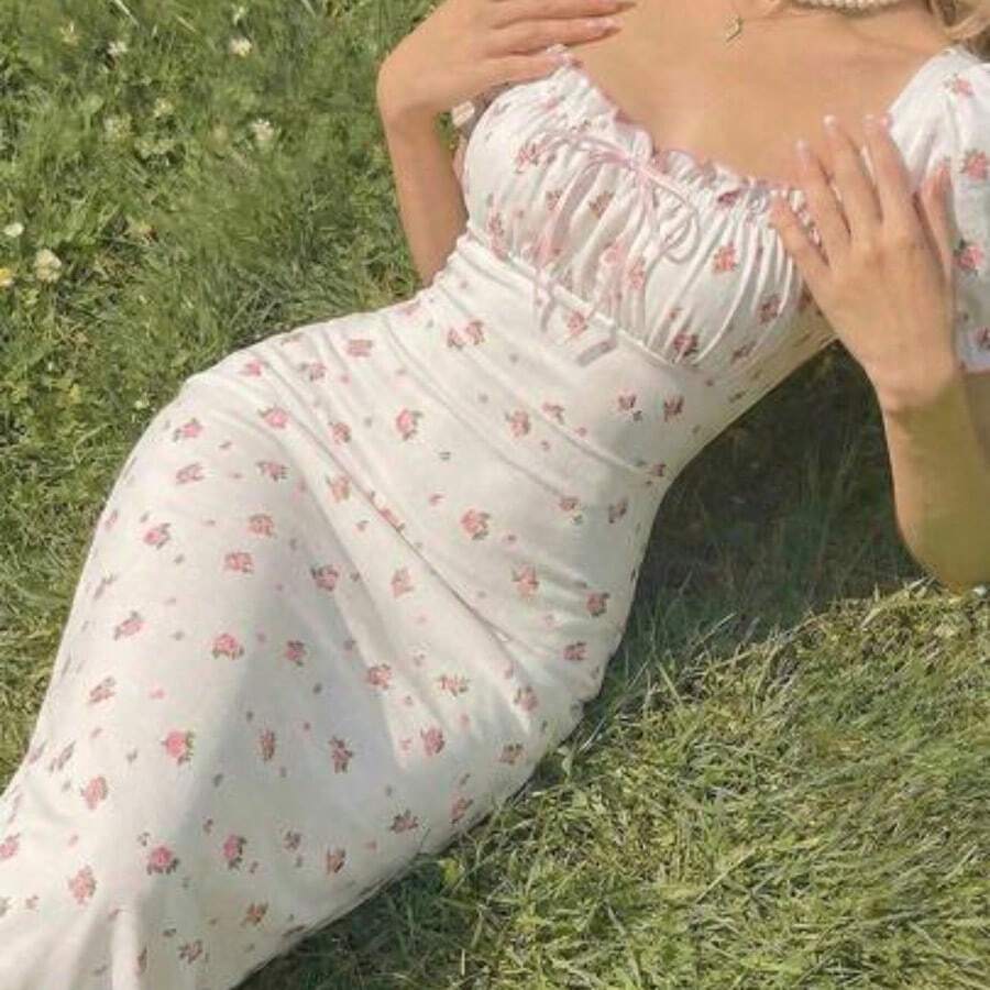 LunaCass8  MOD Vestido midi de Body con cuello cuadrado y mangas abullonadas para mujer, vestido de lechera, vestido para té, vestido midi con estampado floral y cuello cuadrado y mangas abullonadas para mujer, vestido de invitada de boda, atuendos de primavera/verano, atuendo de té para mujer, vestido de estilo campestre, vacaciones, cumpleaños, San Valentín, atuendos de vacaciones - Multicolor - Ver 1