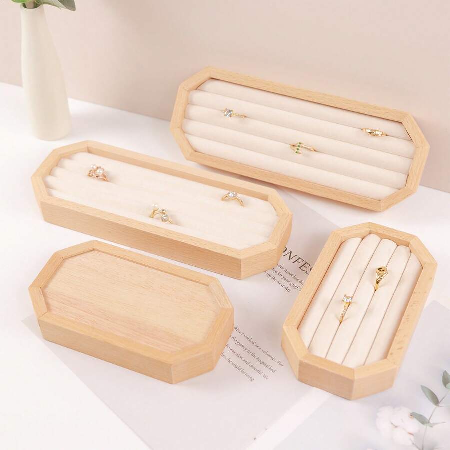 1pc Octagonal Wooden Ring Storage Box, Minimalist Natural Wood Jewelry Organizer Tray With Velvet Lining, Portable Ring Display & Storage Box For Home, Travel, Wedding - Log Color - View 1