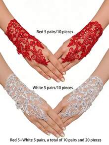 10/6/5/1 Pair Women's Bridal Wedding Lace Trim Hollow Rhinestone Studded Fingerless Mesh Short Wedding Dress Accessory Gloves - Red - View 24