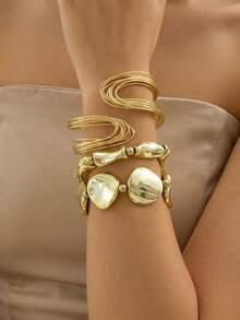 3 pièces Ensemble de bracelets ouverts géométriques linéaires multicouches exagérés de luxe pour femmes, combinaison de bracelets vintage à la mode asymétriques géométriques avec perles CCB, convient pour le port quotidien, les fêtes, les rendez-vous et les vacances - Doré - Voir 3