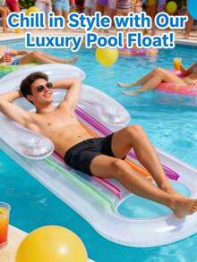 Cama flotante inflable para piscina con reposacabezas, cama de agua inflable con respaldo, estera de playa (bomba de aire no incluida), suministros estéticos para jardín al aire libre, con portavasos y soporte para el cuello, cama flotante inflable de PVC reforzado y balsa para piscina - A - Ver 5