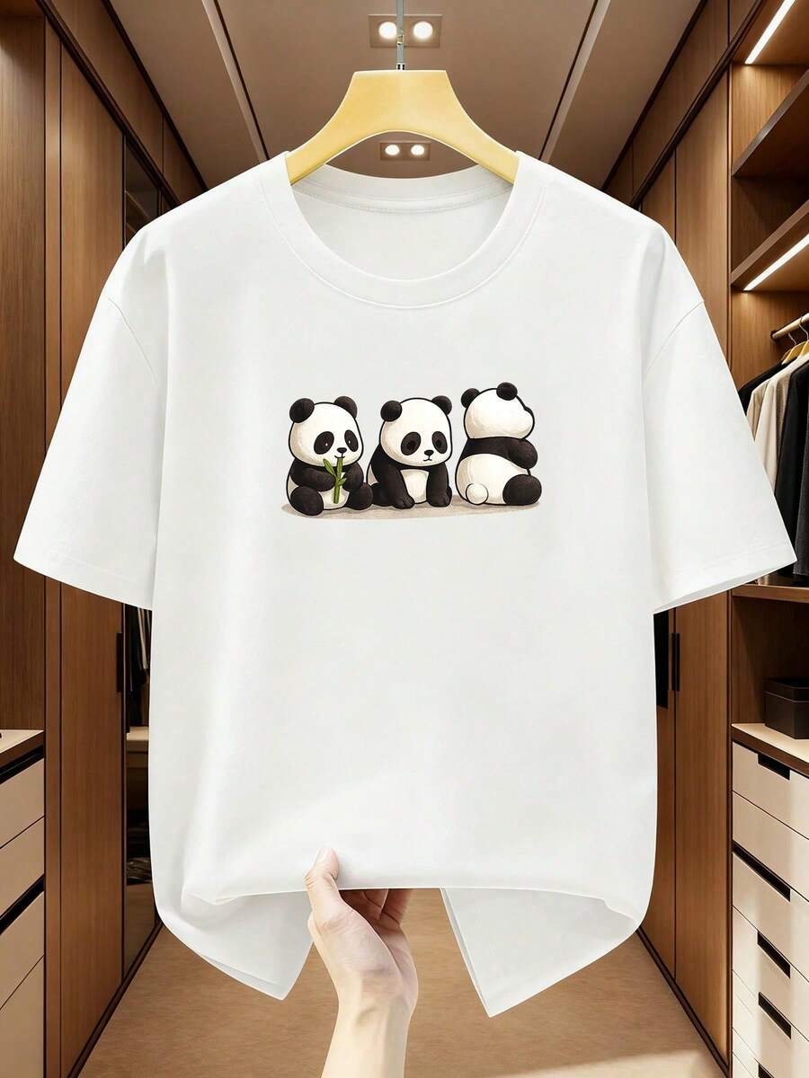 2026 Summer New Pure Cotton T-Shirt Plus Size Men's T-Shirt 100% Three Cute Panda Pattern Round Neck Short Sleeve T-Shirt Comfortable Casual Short Sleeve T-Shirt In Summer, Casual Versatile Comfortable Printed Top-Vintage Street Style Unisex Loose Cotton Short Sleeve Crew Neck T-Shirt 100% Pure Cotton - 白色 - 查看 1