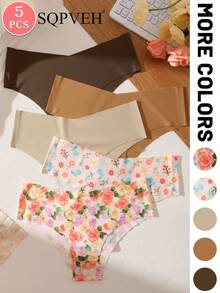 SQPVEH 5pcs/Pack Women's Solid Color & Printed Seamless Comfortable Briefs - Multicolor - View 2