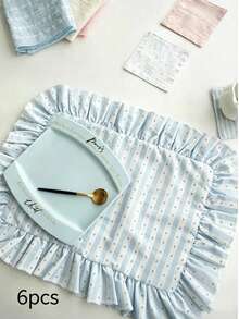 1pc/2pcs/6pcs Korean Style INS Blue And White Striped Blue Striped Polka Dot Ruffle Napkin French Ruffle Placemat Fresh Tablecloth - Multicolor - View 15