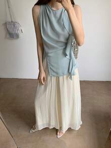 Women's Sleeveless Blouse With Draped Design, Side Slits, And Chiffon Material. Slimming Effect, Feminine, Office Casual, Spring/Summer Top. Women's Tops, Blouse, Shirt. - Light Wash - View 8