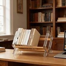 1pc Creative Minimalist Acrylic & Wooden Bookshelf, Transparent + Natural Wood Design, Suitable For Home, Student Desk, Office Desk, Lightweight Frame, Multi-Functional Desktop Study Bookshelf, Ideal For Workspace, Home Office Storage - View 6