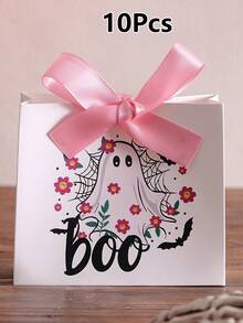 Halloween Paper Gift Box, White Cartoon Ghost & Flower Pattern Gift Packaging Box, Black & Pink Ribbon Decoration, Boo Theme, Special Packaging For Ghost Festival Party & Celebration Events - View 26