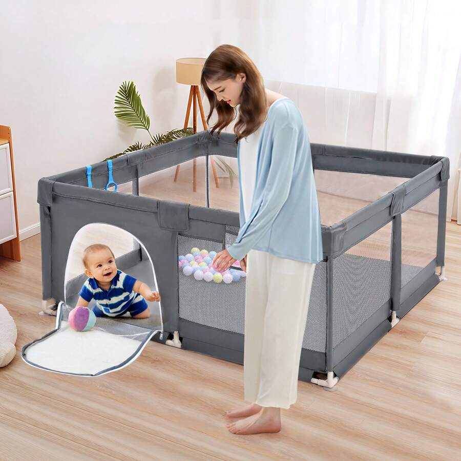 Baby Playpen With Breathable Mesh, Large Play Yard With Door, Foldable Infant Activity Center For Indoor & Outdoor Use - Grey - View 1