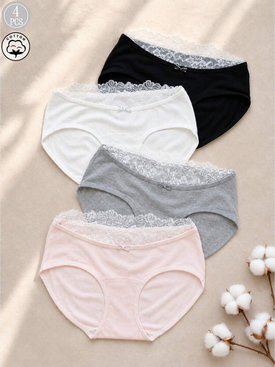 4pcs/Pack Women's Lace Trim Cotton Breathable Comfortable Mid-Waist Everyday Panties Set - Multicolor - View 1
