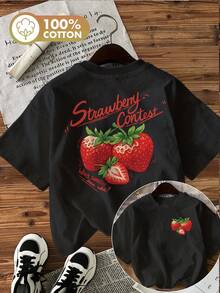 Summer Tops: Vintage-Style Short-Sleeved T-Shirt With A Round Neck, Featuring A Double-Sided Print Of Strawberries And Leaves, And The Words "Contest, Who's Sweeter Than". Cotton T-Shirt, College Style, Strawberry Pattern. - 黑色 - 查看 1