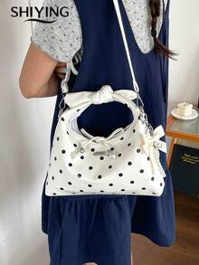 Sac à main à pois à la mode, sac à bandoulière multifonction pour femmes, sac croissant vintage avec décoration de nœud papillon et cordon de serrage - Blanc - Voir 10