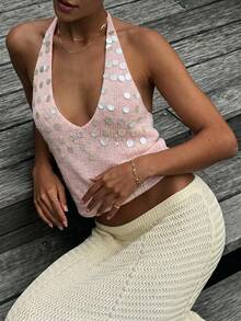 Just Masa Damen Sommer Lässig Sexy Rückenfrei Strick Tief V-Ausschnitt Neckholder Bindung Pailletten Ärmellos Y2K Crop Top Rosa - Pink - Übersicht 5