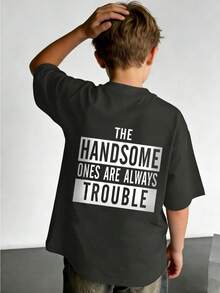 Tween Boy Casual Graphic Print Crew Neck Short Sleeve T-Shirt, Summer Top - Dark Grey - View 1