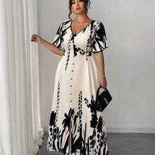dahkjdgajy  Vestido maxielegante para mujer de talla grande con escote en V, botones delanteros, cintura con lazo y contraste de colores - Albaricoque - Ver 5