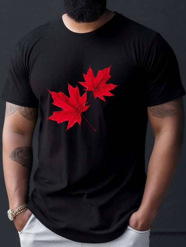 Camiseta de Algodón Ligera y Transpirable para Hombre con Estampado de Hoja de Arce Roja - Camiseta Deportiva Casual de Manga Corta, Lavable a Máquina, Prenda Casual Esencial para el Verano