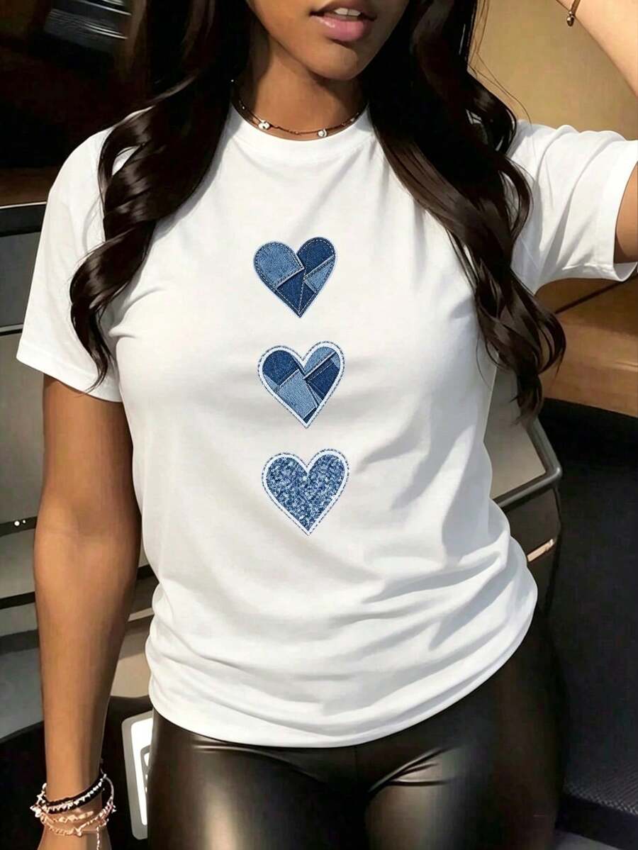 2026 Women's Cotton T-Shirt Casual Quality Oversized Plus Size T-Shirt With Heart And Leopard Print - Chic Casual Clothing For Women Basic Unisex T-Shirt - 白色-3 - 查看 1