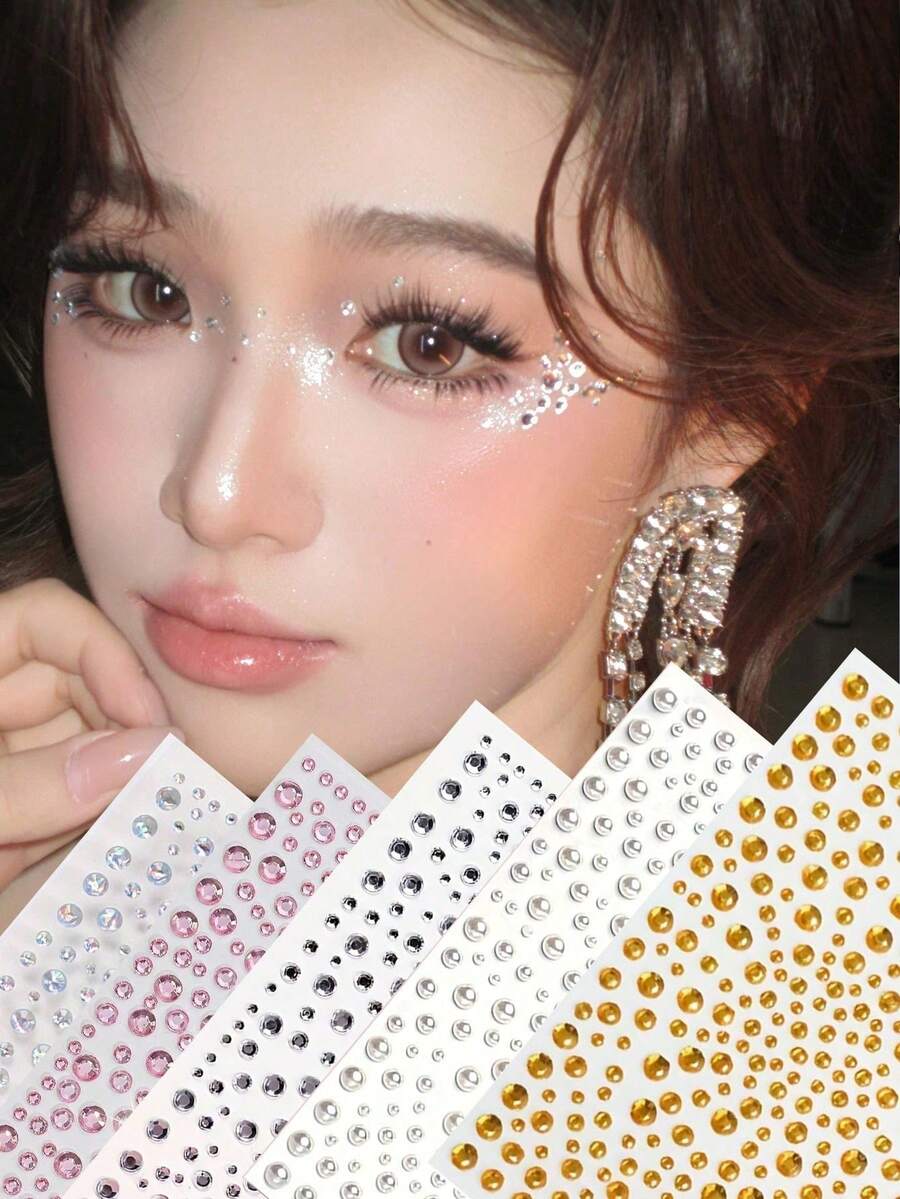 1pc Silver White Round 3D Face Rhinestone Sticker, Versatile DIY Makeup Accessory For Stage And Party Looks, Sparkling Glossy Effect For Great Photos, Can Be Applied Directly To Eyes, Cheeks, Forehead, Fairy And Hot Girl Makeup Styles, Multi-Size Round Rhinestone Design, Neatly Arranged, Freely Combinable, Suitable For Different Makeup Styles, Easy For Beginners, Essential Eye-Catching Decoration For Music Festivals, EDM Festivals, Stage Performances, Makes You The Center Of Attention - White - View 1