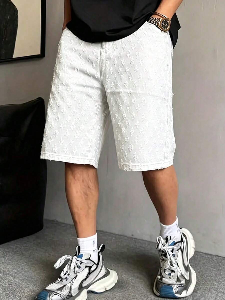 Men's Fashionable Crochet Denim Shorts - Beige - View 1