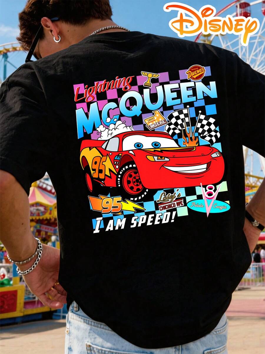 Disney T-Shirts, Lightning McQueen Checkerboard T-Shirt From The Movie Cars, American Retro Racing Print, Men's T-Shirts, Streetwear, #95 Racing T-Shirts, Everyday Wear, Theme Park Outfits, Holiday Wear, Gifts For Men, Summer Wear. - 黑色 - 查看 1